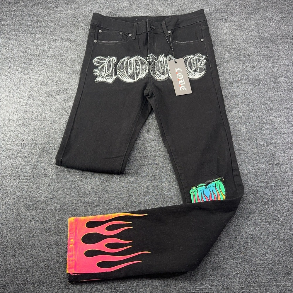 Love Black Denim Jeans Rhinestone Logo Neon Flame Distressed Streetwear Mens 32